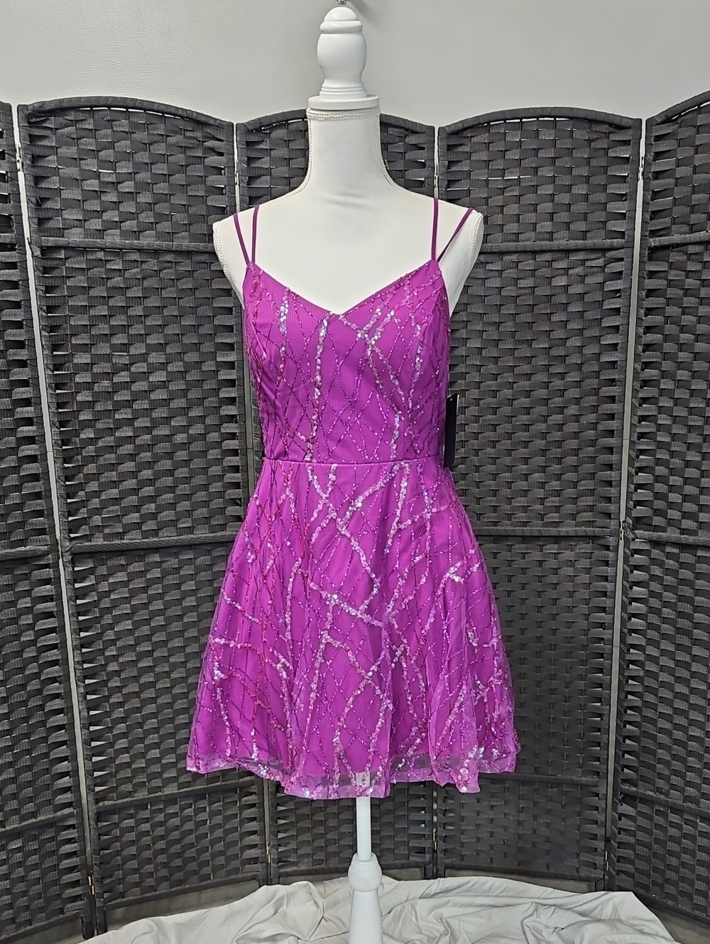 City Studio Fuchsia Sequin Spaghetti Strap Mini Dress